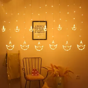 12 Diya Curtain String Lights, Window Curtain Lights with 8 Flashing Modes Decoration Light (White Color)