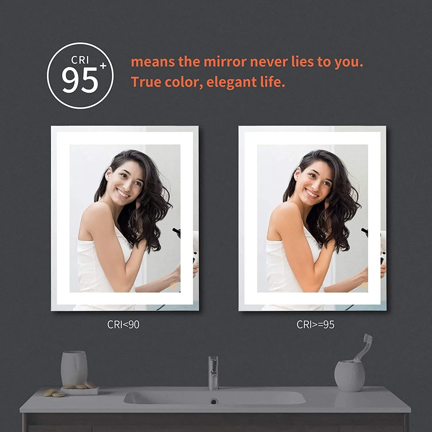 Antique Mirror Bright LED Bathroom Mirror, Modern Sleek Wall Mounted LED Mirror, Illuminated Dimmable Vanity Mirror with Lights, 24 x 18 inch Led Bathroom Mirror, Grey (LED21, Unframed, Rectangular)