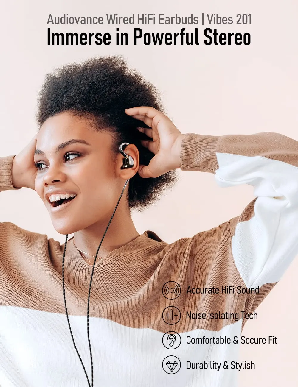 Audiovance Vibes 201M Wired Earbuds in-Ear Headphones with Mic, Noise Cancelling Bass Driven HiFi Earphones, Tangle-Free Braided Cord, Carry Case, Ear Buds Tips, 3.5mm Jack, Secure Fit (Clear Brown)