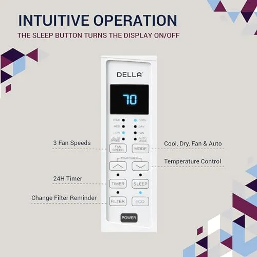DELLA 6000 BTU Energy Saving Window Air Conditioner Cools Up to 250 Sq. Ft., GEO Location, AC Unit with WIFI Smart Controls, Remote, Dehumidifier, Fan, Reusable Filter, Easy Install Kit