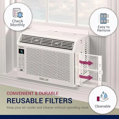 DELLA 6000 BTU Energy Saving Window Air Conditioner Cools Up to 250 Sq. Ft., GEO Location, AC Unit with WIFI Smart Controls, Remote, Dehumidifier, Fan, Reusable Filter, Easy Install Kit