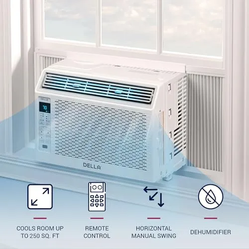 DELLA 6000 BTU Energy Saving Window Air Conditioner Cools Up to 250 Sq. Ft., GEO Location, AC Unit with WIFI Smart Controls, Remote, Dehumidifier, Fan, Reusable Filter, Easy Install Kit
