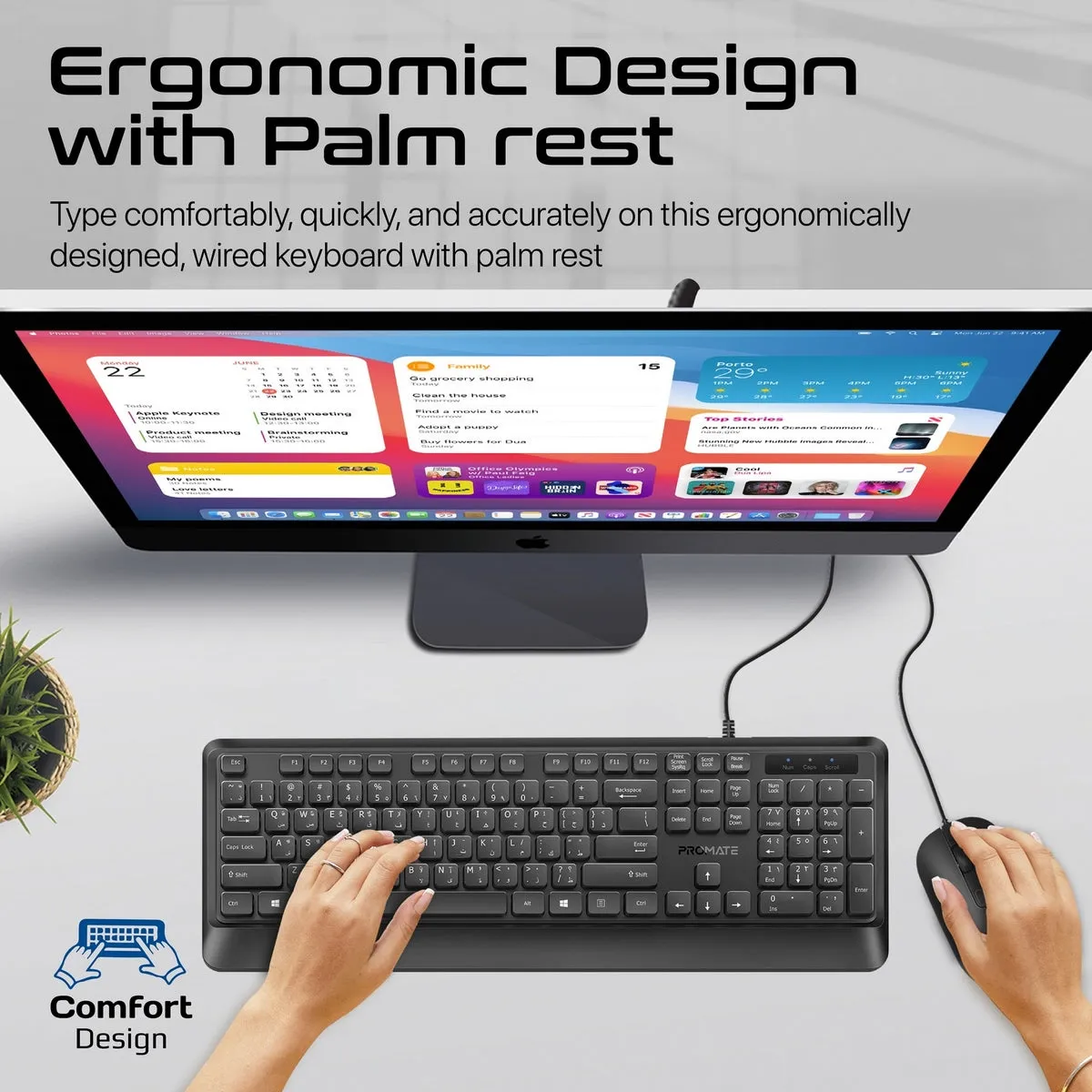 Ergonomic Wired Slim Keyboard with Palm Rest and 2400 DPI Mouse