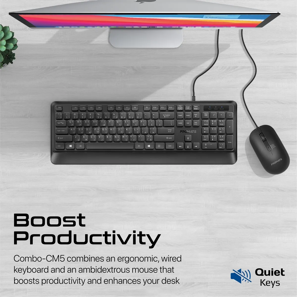 Ergonomic Wired Slim Keyboard with Palm Rest and 2400 DPI Mouse