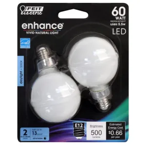 Feit Enhance G16.5 E12 (Candelabra) Filament LED Bulb Daylight 60 Watt Equivalence 2 pk