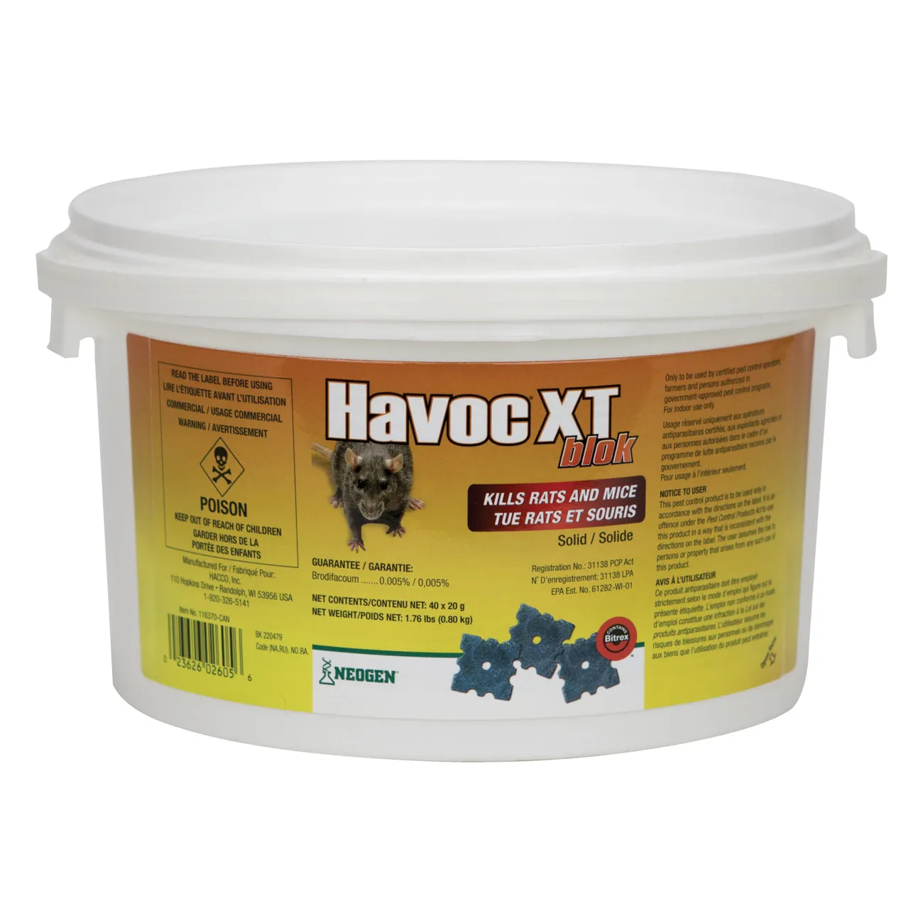 Havoc-XT Blok Rodent control blocks brodifacoum 0.005% (Pail of 40x20g)