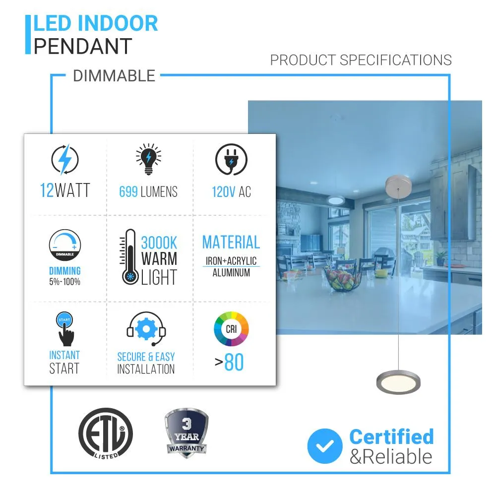 LED Pendant Light, Round Shape, Dimmable, 3000K (Warm White)