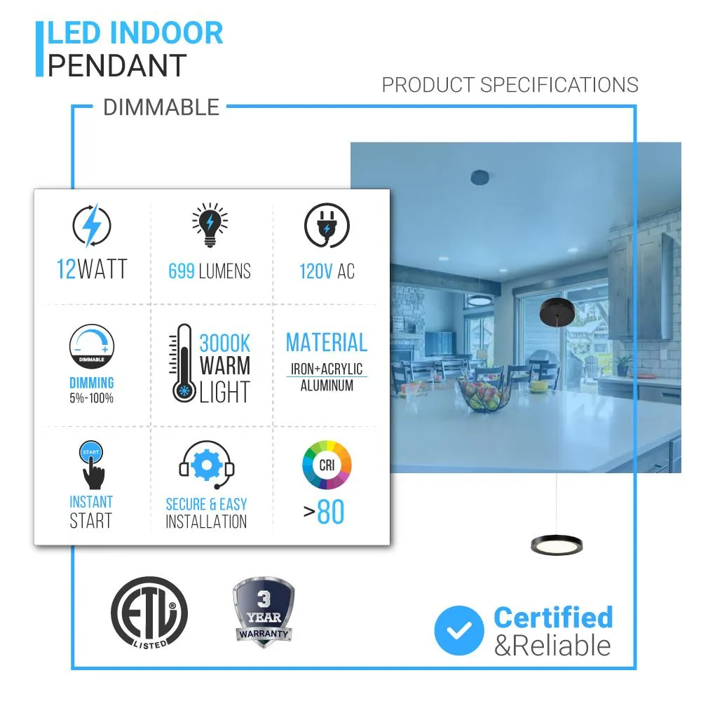 LED Pendant Light, Round Shape, Dimmable, 3000K (Warm White)