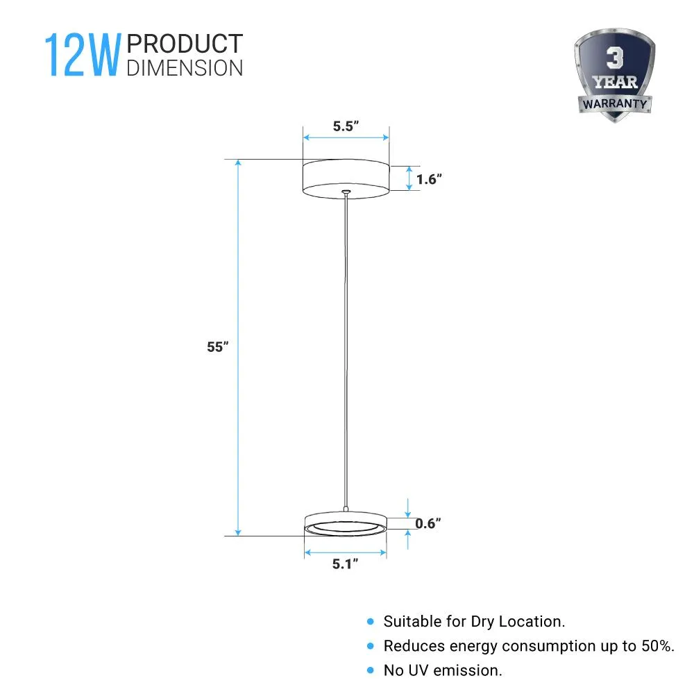 LED Pendant Light, Round Shape, Dimmable, 3000K (Warm White)