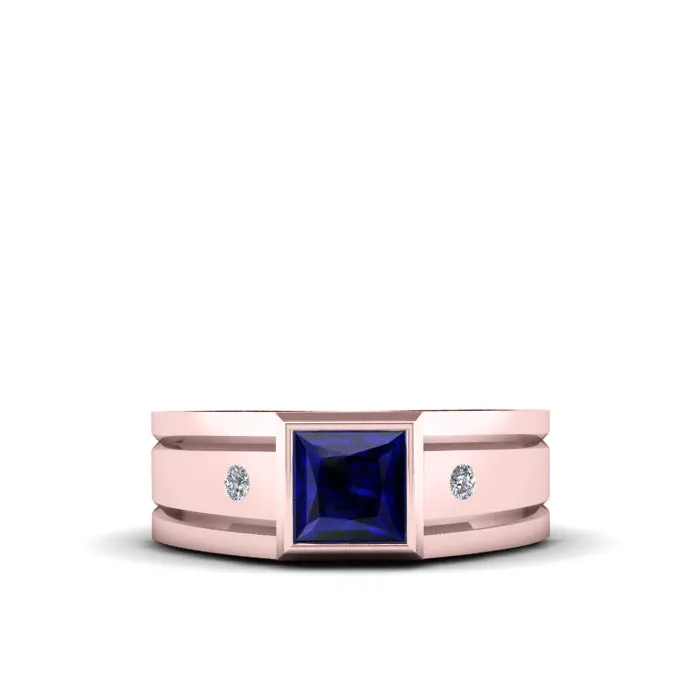 Men's Blue Sapphire Ring SOLID 10K Rose Gold and 2 Diamonds Wide Band Gemstone Ring