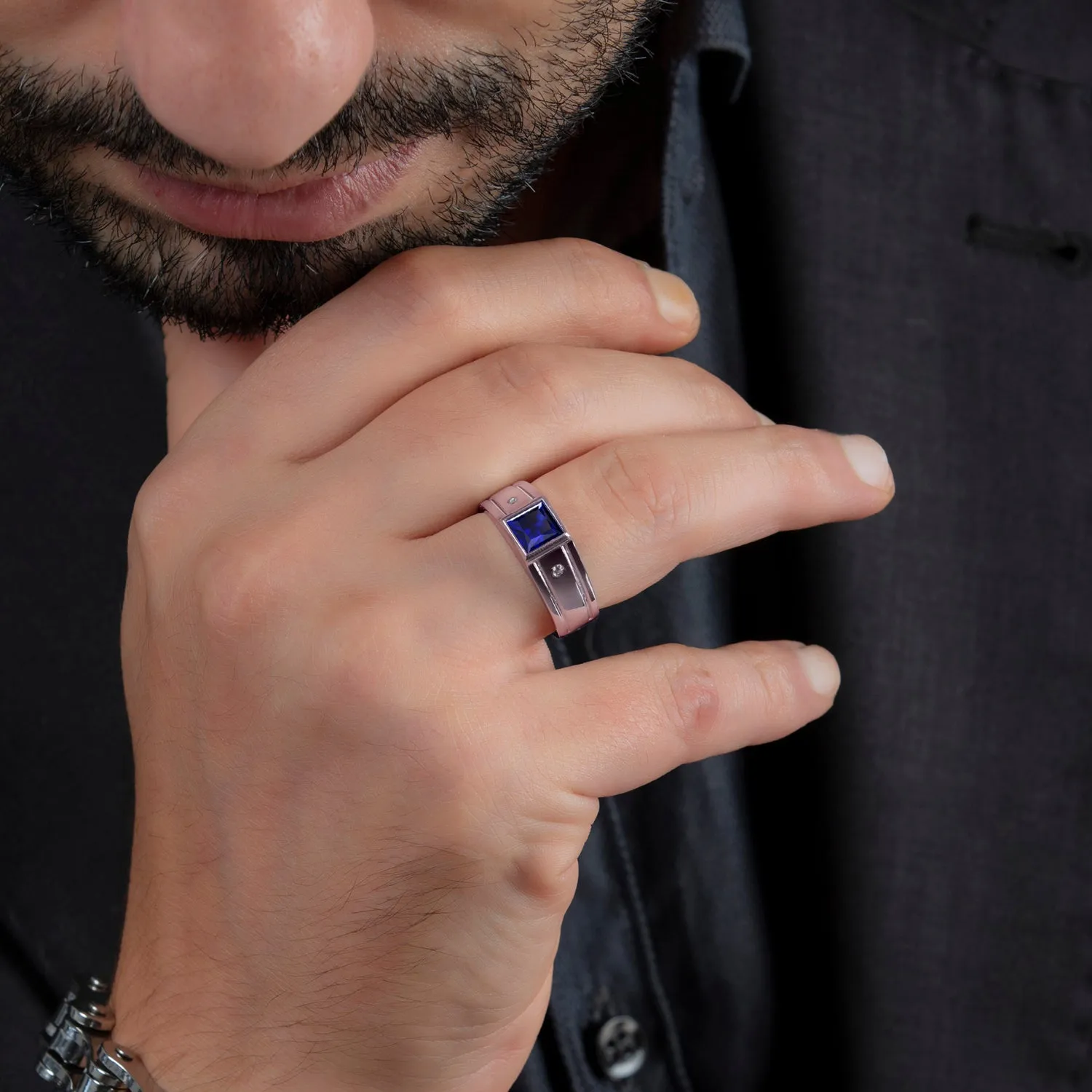 Men's Blue Sapphire Ring SOLID 10K Rose Gold and 2 Diamonds Wide Band Gemstone Ring