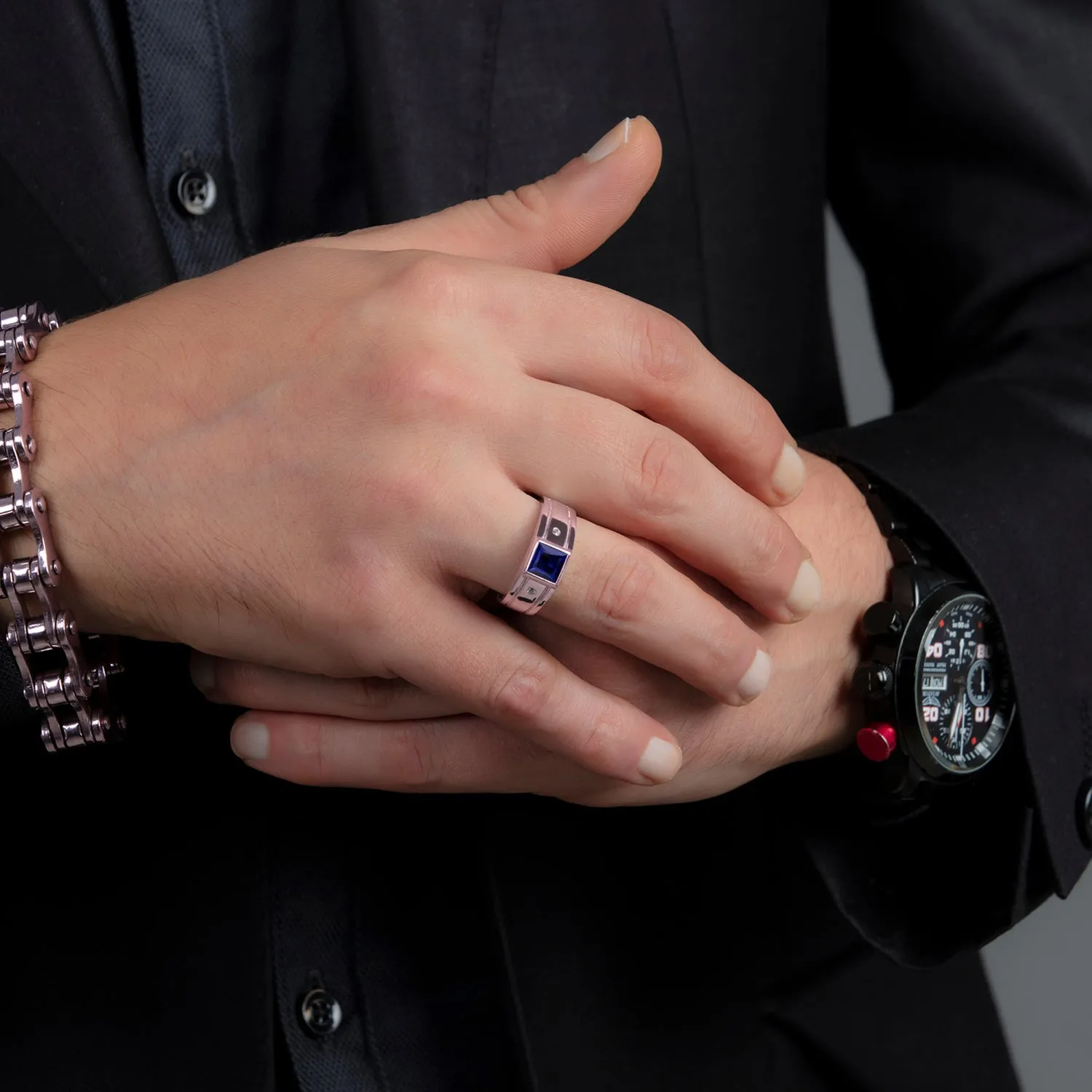 Men's Blue Sapphire Ring SOLID 10K Rose Gold and 2 Diamonds Wide Band Gemstone Ring