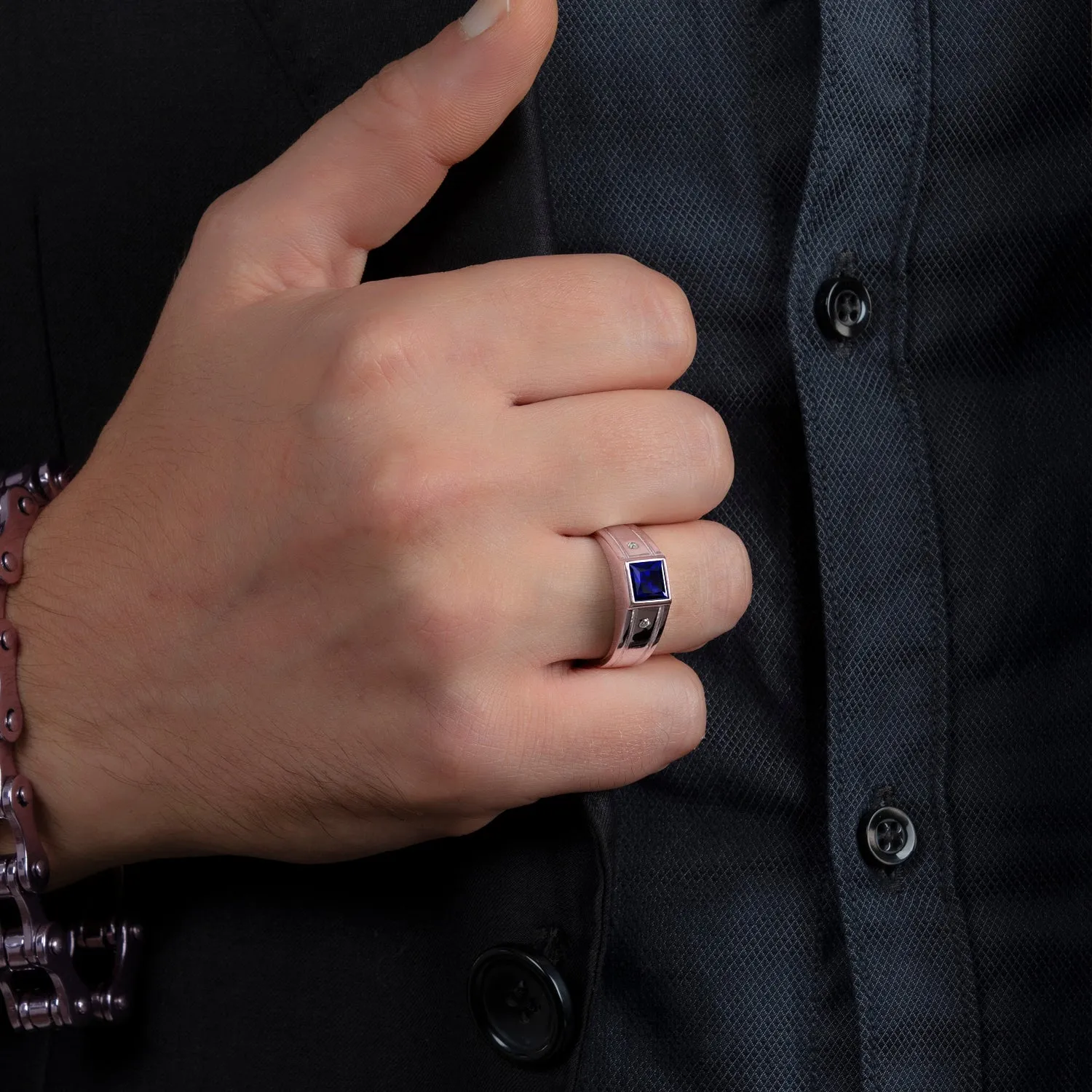 Men's Blue Sapphire Ring SOLID 10K Rose Gold and 2 Diamonds Wide Band Gemstone Ring