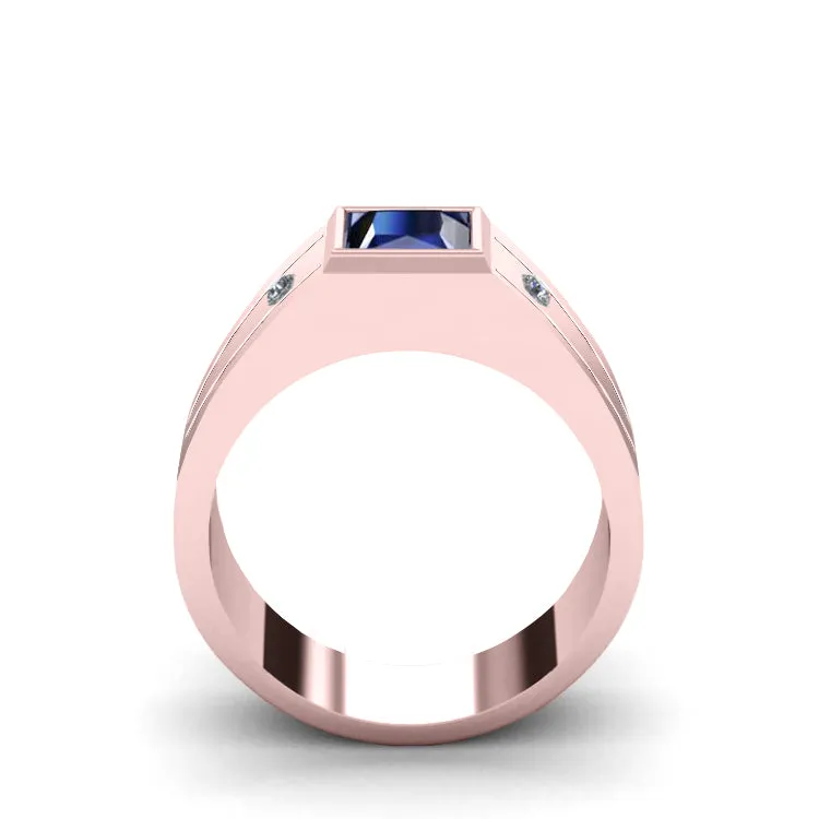 Men's Blue Sapphire Ring SOLID 10K Rose Gold and 2 Diamonds Wide Band Gemstone Ring