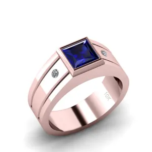 Men's Blue Sapphire Ring SOLID 10K Rose Gold and 2 Diamonds Wide Band Gemstone Ring