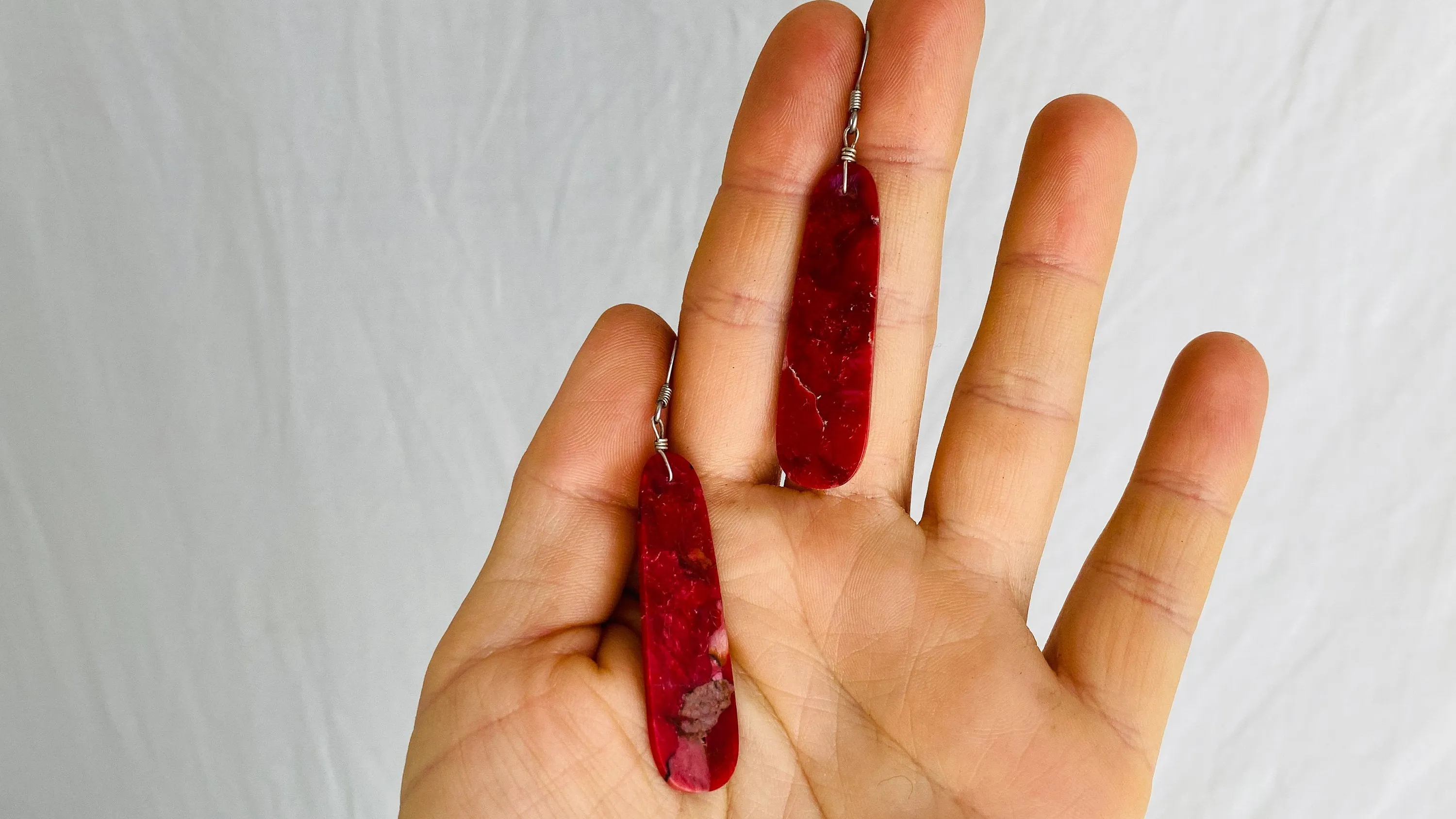 Santo Domingo Pueblo Long Coral Slab Earrings. Native American