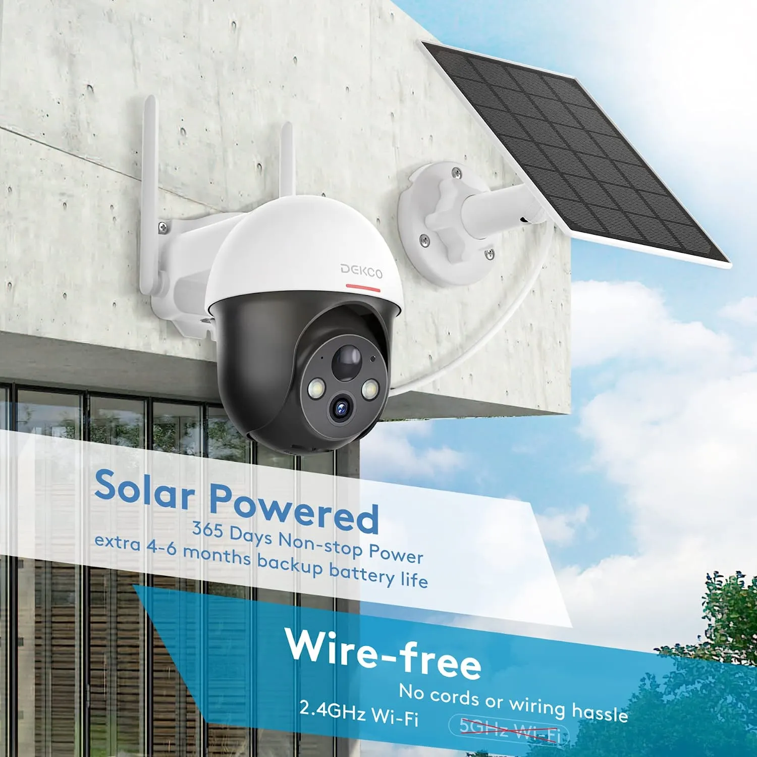 Solar Powered 2.4G WiFi 360° View Pan Tilt Strobe Wireless Outdoor Home Security System with Motion Detection Siren and Clear Night Vision