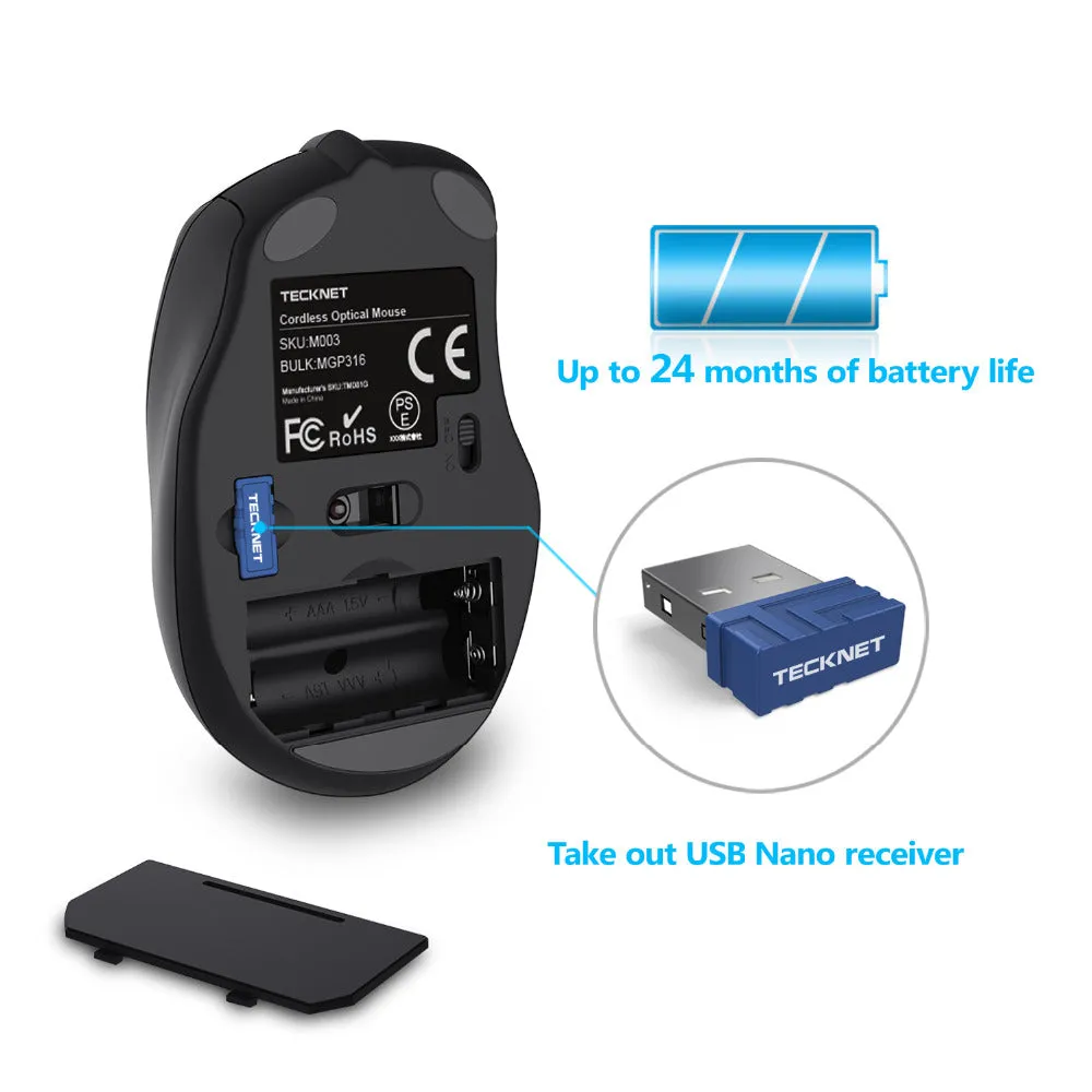 TeckNet Pro Wireless Mouse Nano Receiver Ergonomic Mice - 6 Buttons 2400DPI