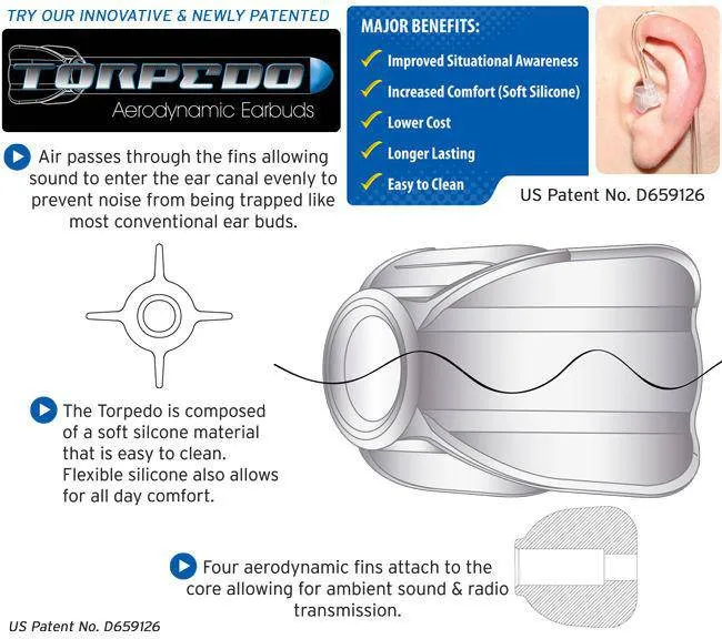 TORPEDO Aerodynamic Earbuds, 25 Pack - Clear or Black