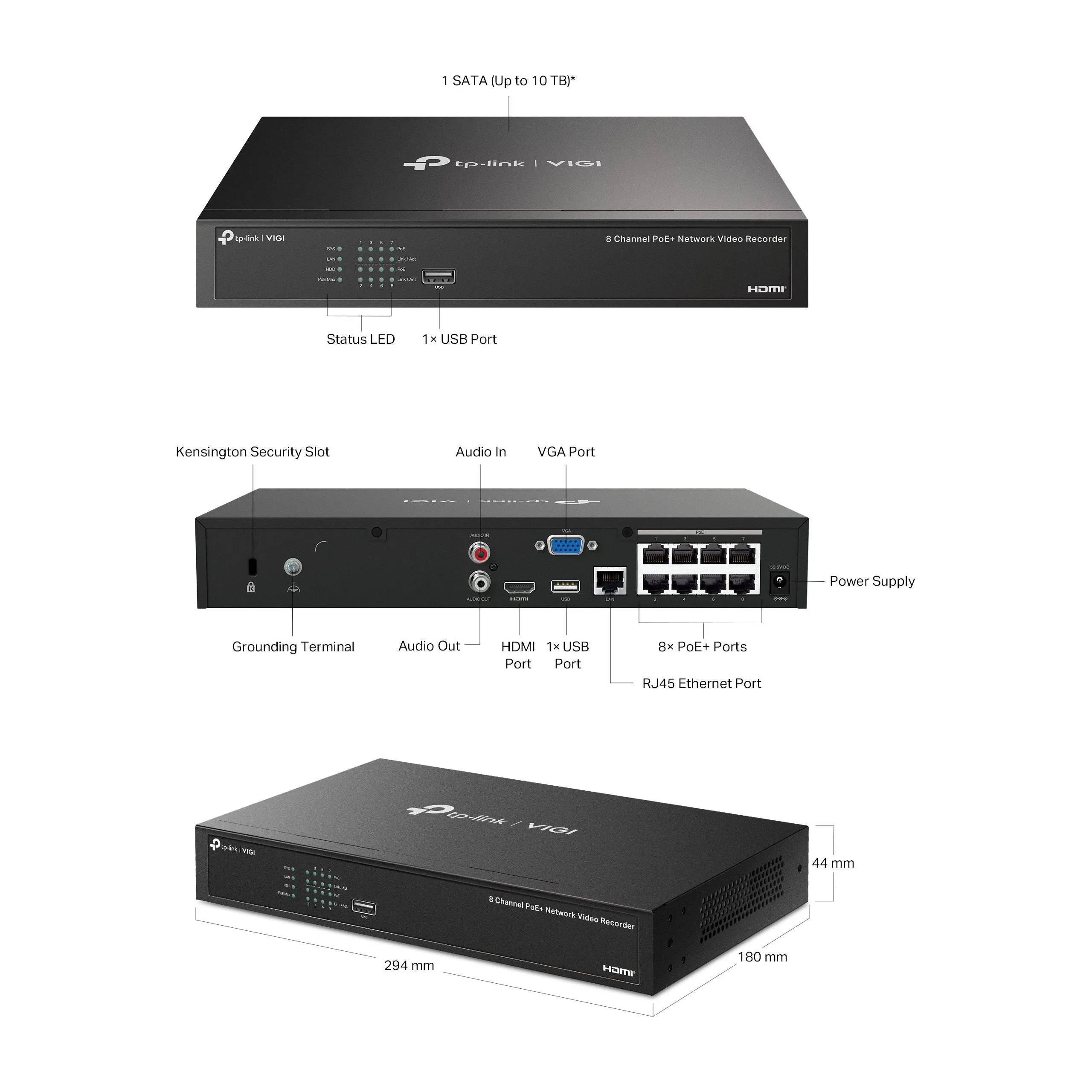 TP-Link VIGI NVR1008H-8MP 8 Channel PoE  Network Video Recorder, 113W PoE Budget, H.265 , 4K Video Output & 16MP Decoding Capacity (HDD Not Included)