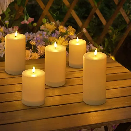 VIODAIM Solar Candles Outdoor Waterproof: Flameless Flickering Pillar LED Candles Set of 3 Dusk to Dawn Rechargeable Sensor Lights 3x4/5/6 Inch White