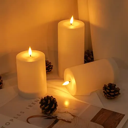 VIODAIM Solar Candles Outdoor Waterproof: Flameless Flickering Pillar LED Candles Set of 3 Dusk to Dawn Rechargeable Sensor Lights 3x4/5/6 Inch White